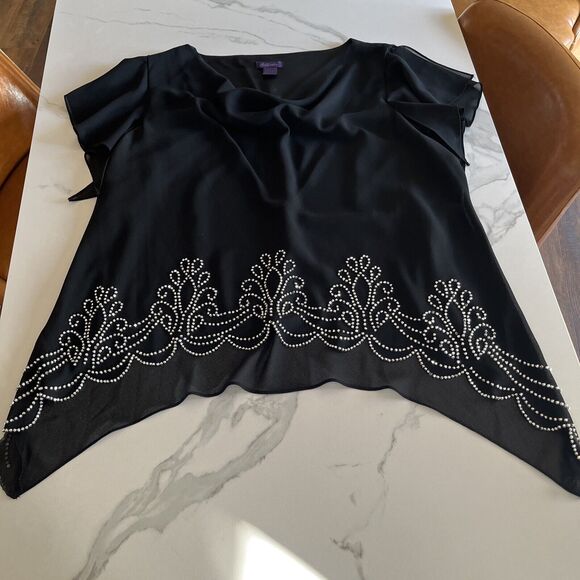 Metaphor 3X Black Top Short Sleeve Stretch Blouse Cowl Neck Formal Flowy Top - Picture 1 of 11